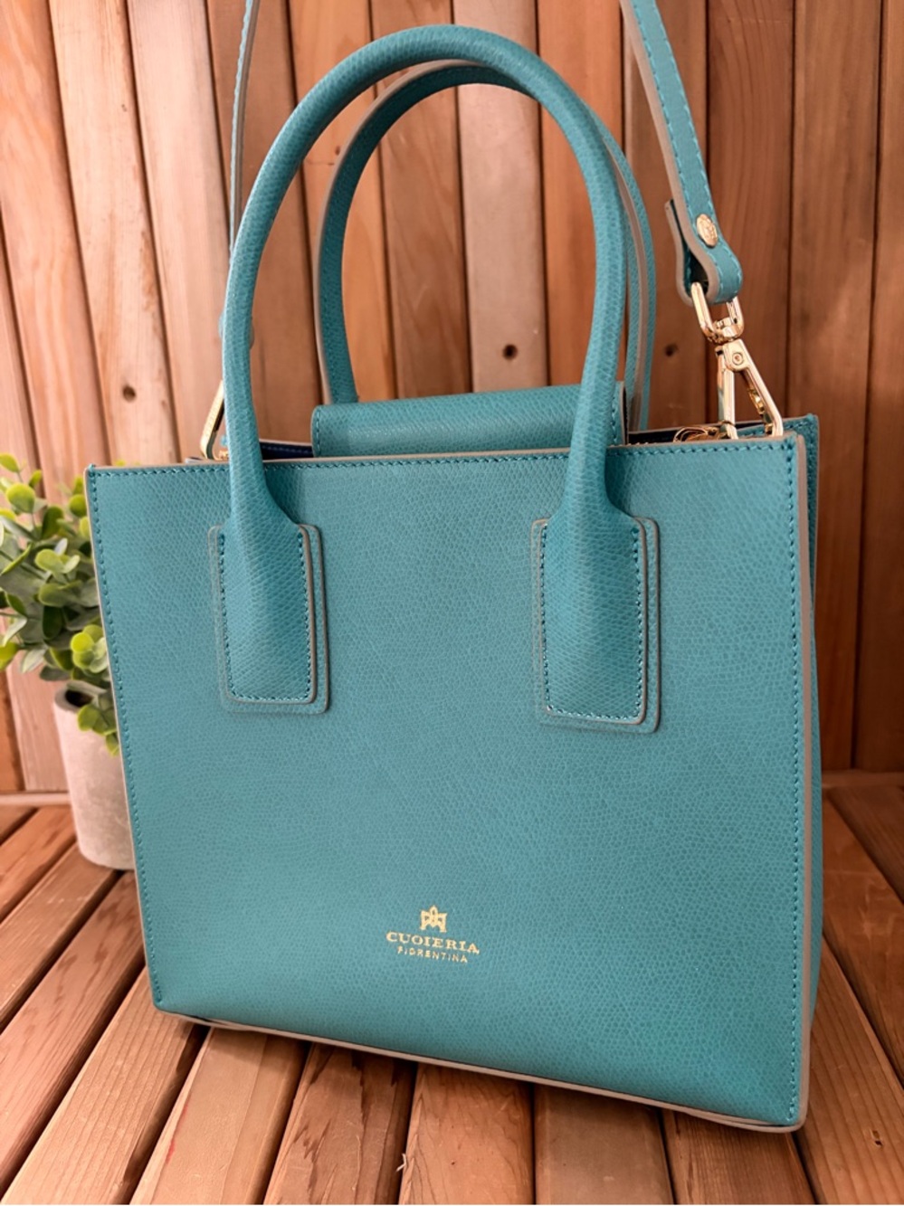 Cuoieria Fiorentina Italian Mini Structured Tote Crossbody Quiet Luxury in Teal - Picture 9 of 10